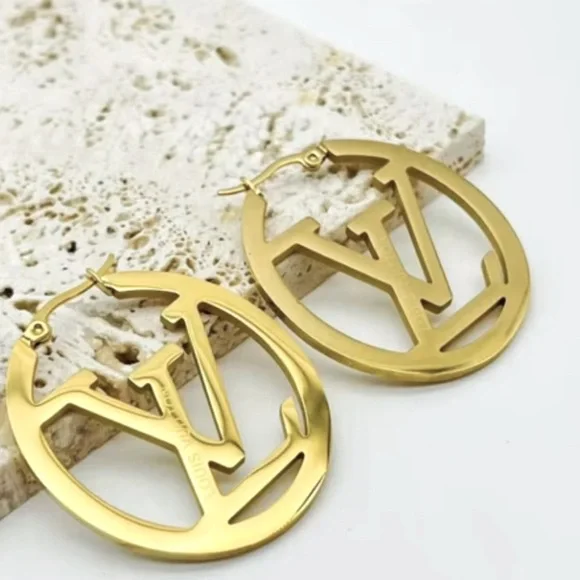 40mm/1.57 inch Gold Initial LV Hoop Earrings 1.57inch - Picture 1 of 4